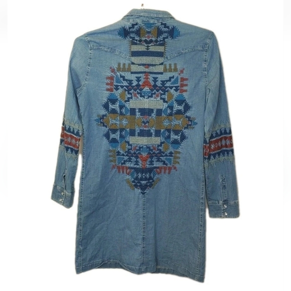 Johnny Was Embroidered Tunic Shirt Dress Woman Small Blue Pearl Snap Chambray - Picture 15 of 15